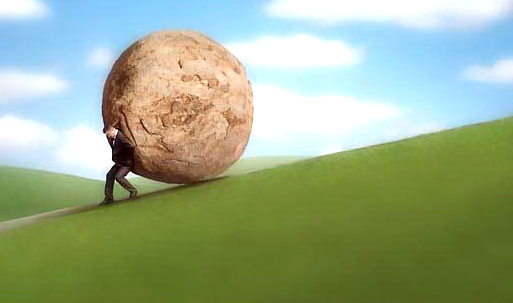 Businessman Rolling Boulder Up Hill